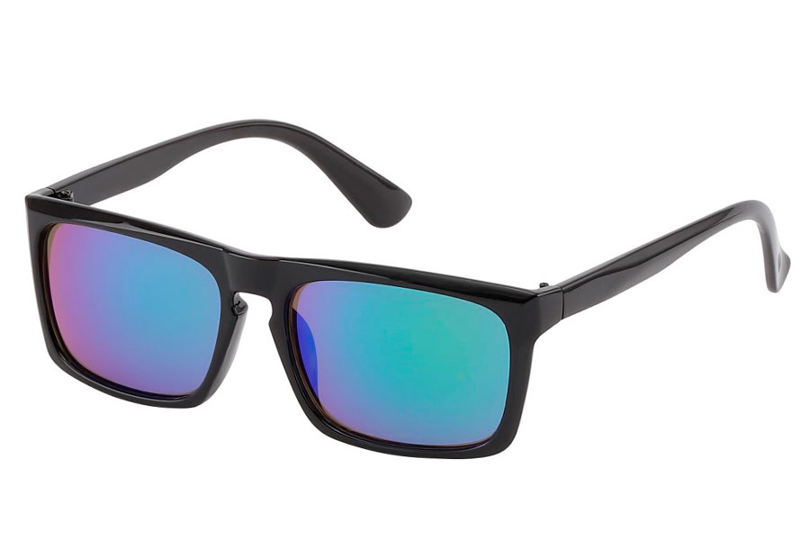 Hurtigbrillen. Solbrille i maskulint design. Sort stel med spejlglas i blå-grønne nuancer. | solbriller_kvinder
