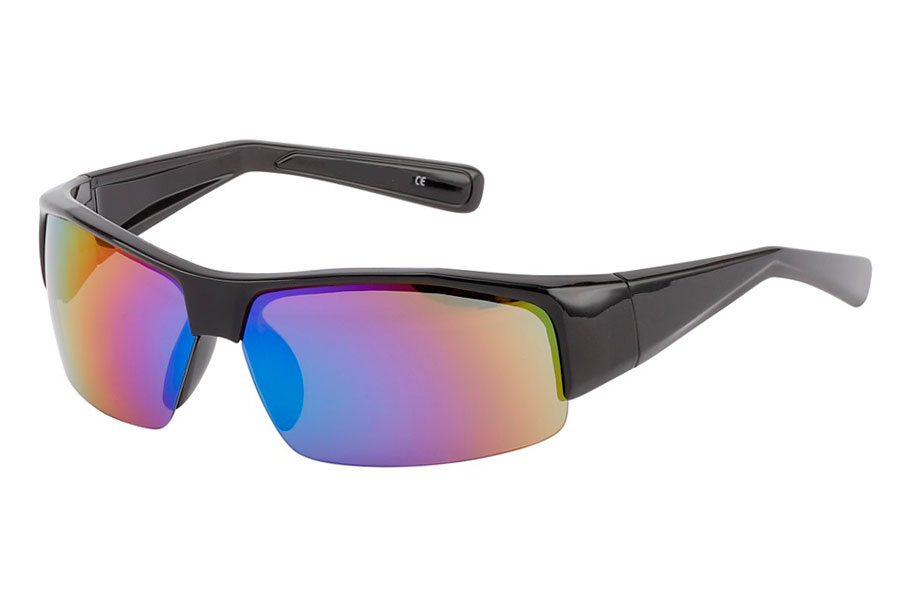 Maskulin solbrille i stort hurtigbrille / sports design. Stellet er sort med spejlglas i multifarvet / regnbuefarvet nuancer.  | solbriller_maend