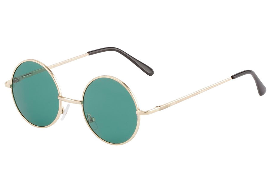 Rund lennon brille i guldfarvet metal med mørkegrønne linser.  | retro_vintage_solbriller