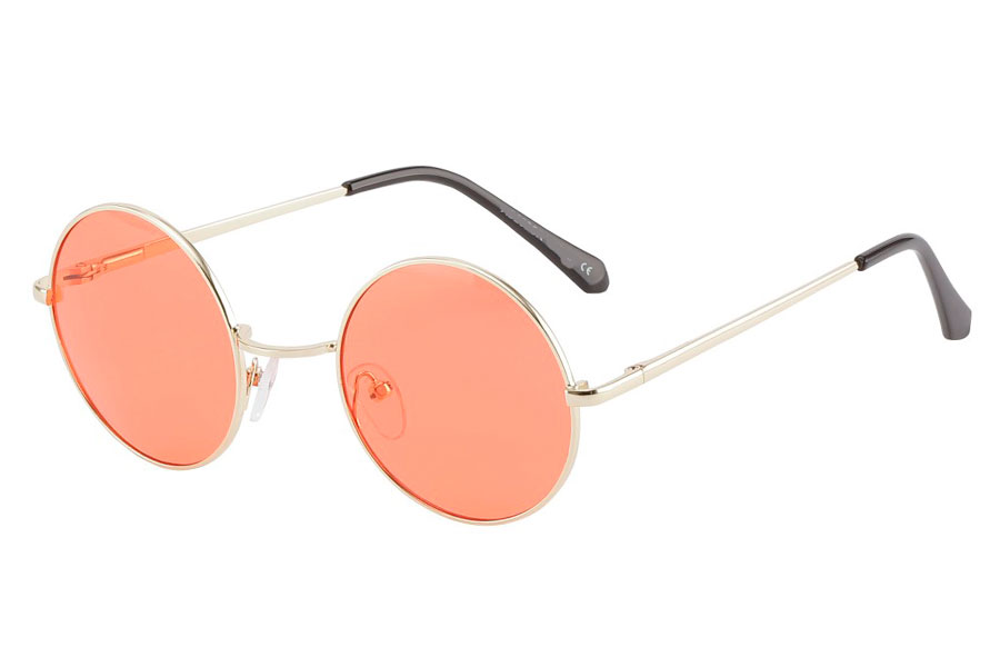 Rund lennon brille i guldfarvet metalstel med koral-røde linser.  | solbriller-farvet-glas