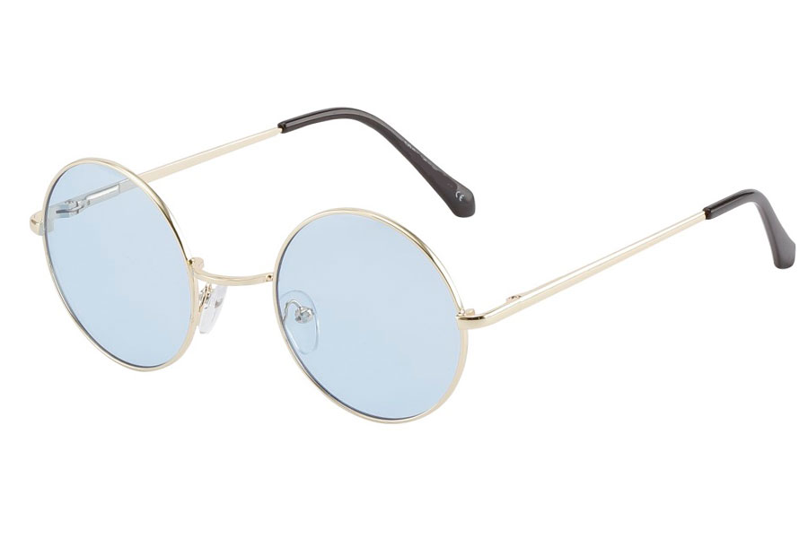 Rund lennon brille i guldfarvet metalstel med lyseblå linser.  | solbriller-farvet-glas