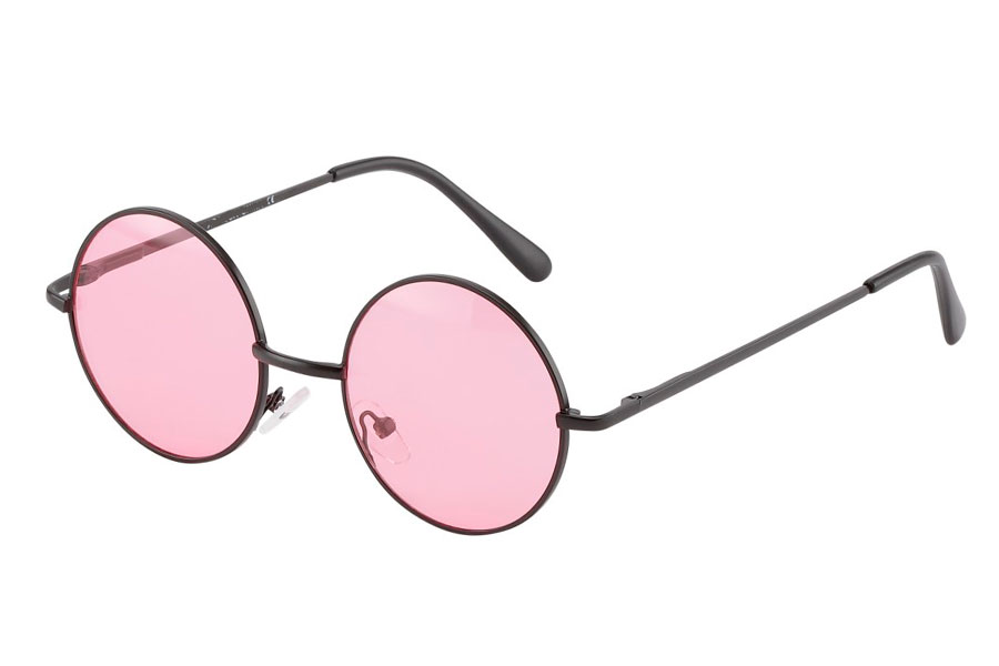 Rund lennon brille i sort metalstel med lyserøde linser.  | solbriller-farvet-glas