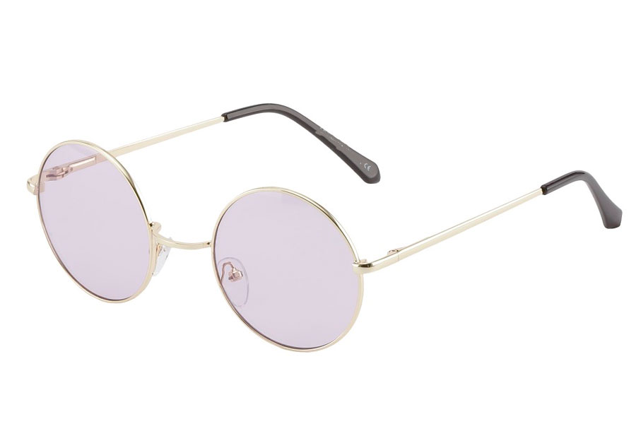 Rund lennon brille i guldfarvet metalstel med lyse lilla linser.  | retro_vintage_solbriller