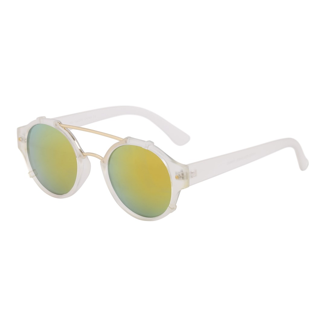 køb solbriller online her. vi har over 600 modeller, helt sikkert en for dig. Her er en mat gennemsigtig rund solbrille med gult spejlglas. | festival-solbriller
