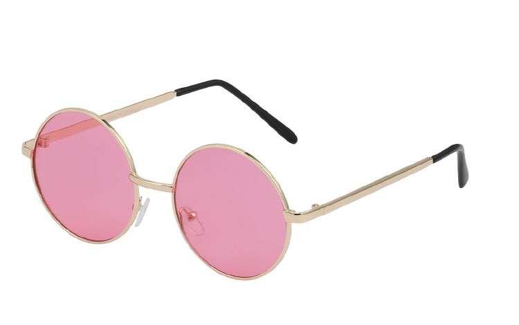 Rund guldfarvet solbrille med lyserøde glas | festival-solbriller