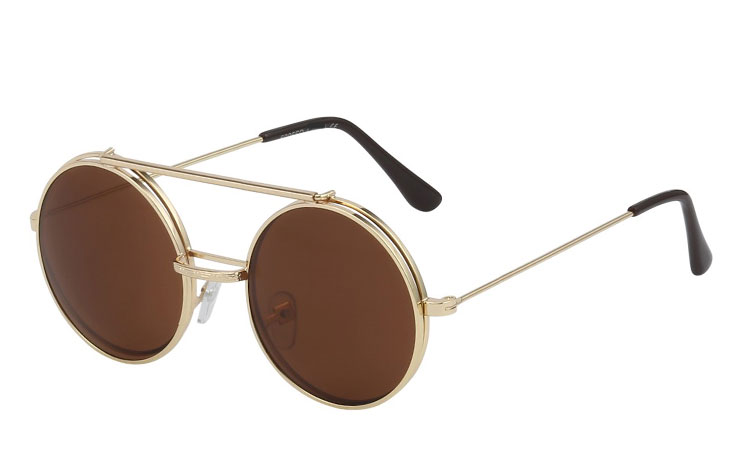 Guldfarvet rund metal brille med klart glas uden styrke med flip up solbrille med brune linser. | flip-up-solbriller