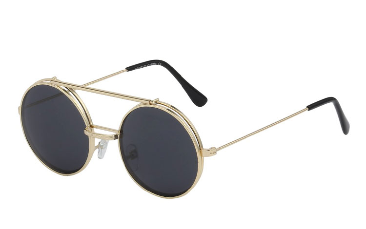 Guldfarvet rund metal brille med klart glas uden styrke med flip up solbrille med mørke glas  | klar_glas_briller