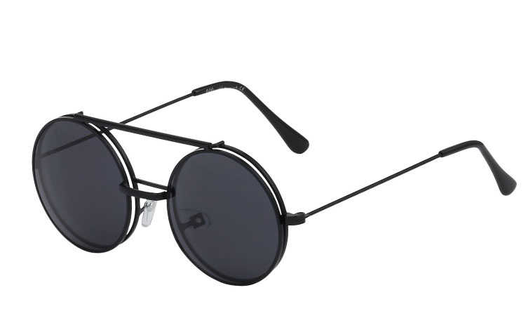 Sort rund metal brille med klart glas uden styrke med flip up solbrille med mørke sorte glas  | search