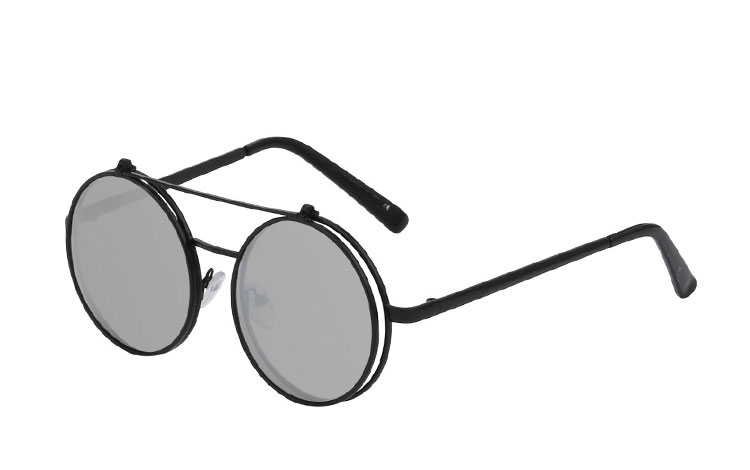 Stor rund sort brille med klart glas uden styrke med flip up solbrille med sølvfarvet spejlglas. | solbriller_maend
