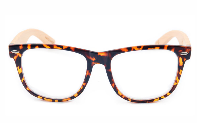 Skildpadde / Leopard brun wayfarer brille med klart glas uden styrke og lyse bambus stænger  | klar_glas_briller-2