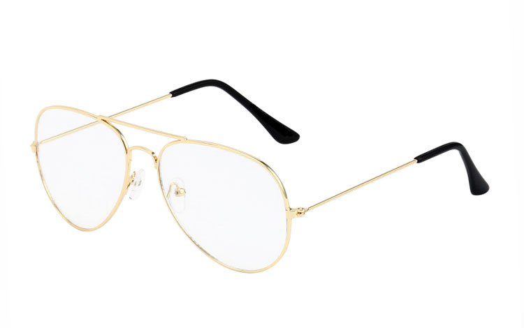 Guldfarvet aviator / dråbe brille med klart glas uden styrke. Denne model er også kaldet  | klar_glas_briller