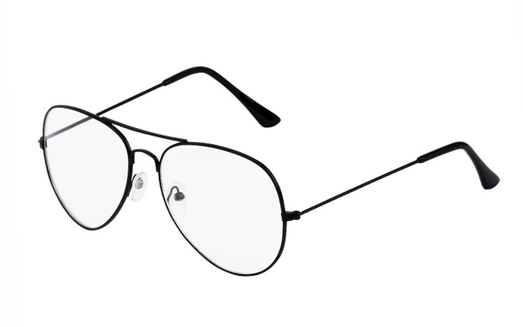 Sort aviator / dråbe brille med klart glas uden styrke. Denne model er også kaldet  | klar_glas_briller