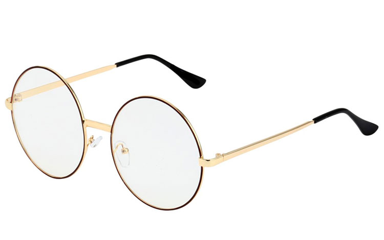 STOR rund brille med klart glas uden styrke i guldfarvet og brunt stel | billige-solbrille-nyheder