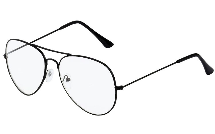 Aviator / dråbe brille i sort stel med klart glas uden styrke. Denne model er også kaldet  | billige-solbrille-nyheder