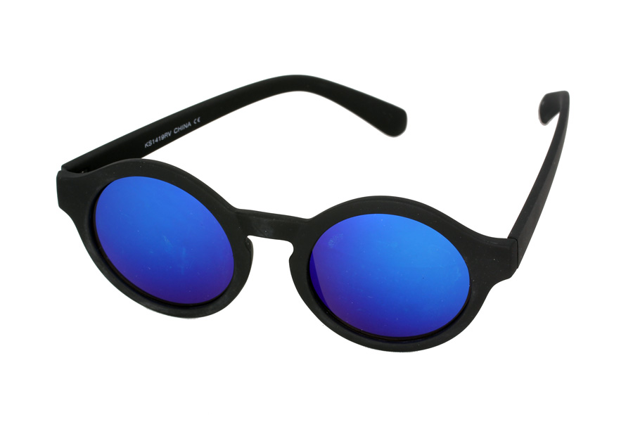 Sort mat rund solbrille med spejlglas i blå nuancer | runde_solbriller