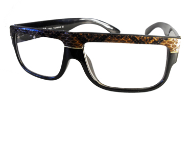 Klar glas brille i sort m/ brunligt slangeskind øverst | search