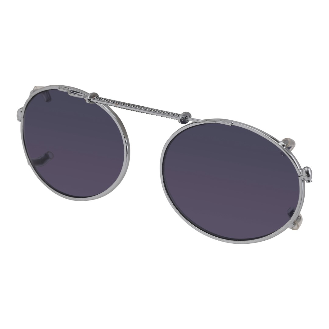 Sølvfarvet Oval clip-on solbrille med fleksibel fjeder på næsebroen, så solbrillen kan strækkes ud og få fat i brillens kanter. | 