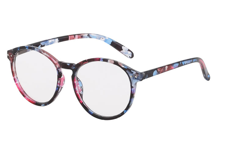 Rund brille med klare linser uden styrke. Brillestellet er i smukt blomster design i lilla/lyserøde nuancer. | billige-solbrille-nyheder