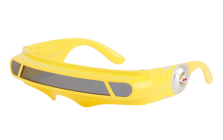 Gul Star-Trek solbrille. Smalt design mørke glas og sølvfarvet "knap" på siden af stængerne. Denne spacy model fås i 5 fantastiske farver. | sjove_udklaednings_briller