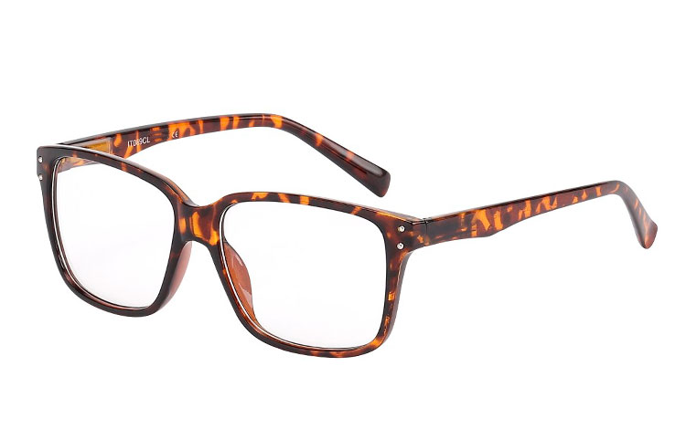 Brunspættet brille i enkelt firkantet design. Brillen har klare linser uden styrke  | klar_glas_briller