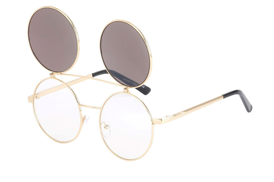 Brille i guldfarvet metal stel med flip-up solbrille i spejlglas i blå-grønne farver.  | klar_glas_briller-2