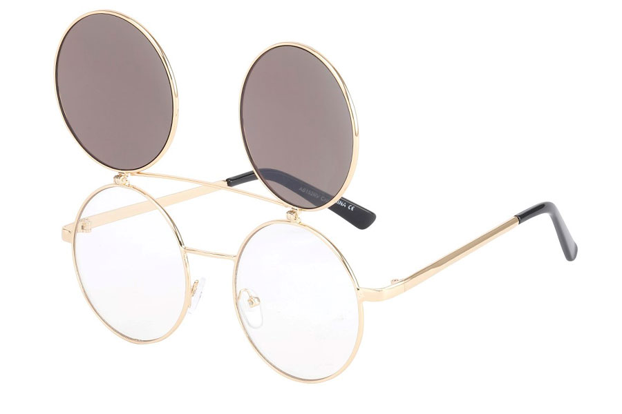 Brille i guldfarvet metal stel med flip-up solbrille i spejlglas i is-blå farver.  | klar_glas_briller-2