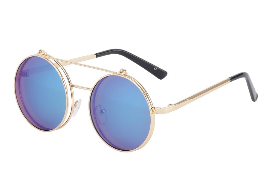 Brille i guldfarvet metal stel med flip-up solbrille i spejlglas i is-blå farver.  | runde_solbriller