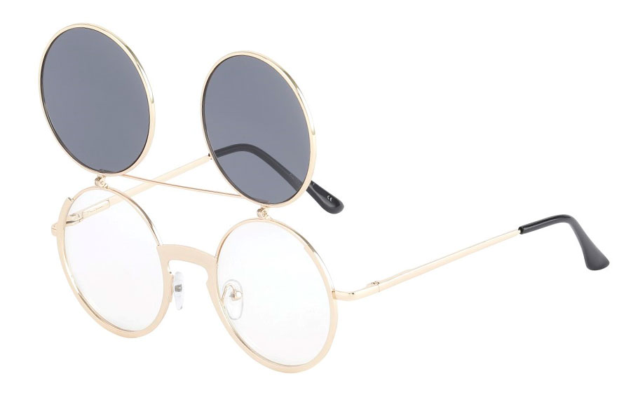 Brille i guldfavet metal stel med flip-up solbrille Stellet er i tyk god kvalitet med bred næseryg. Solbrillen er med mørke linser.  | flip-up-solbriller-2