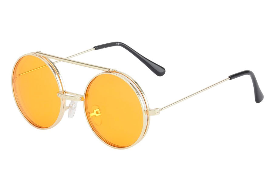 Brille i guldfarvet metal stel med flip-up solbrille med orange glas.  | flip-up-solbriller