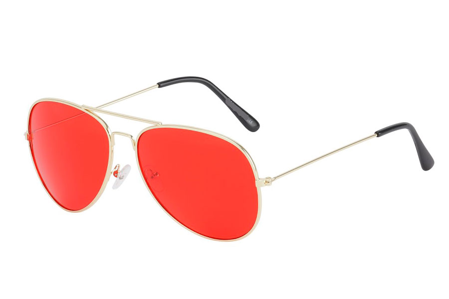Guldfarvet aviator solbrille med røde linser | search