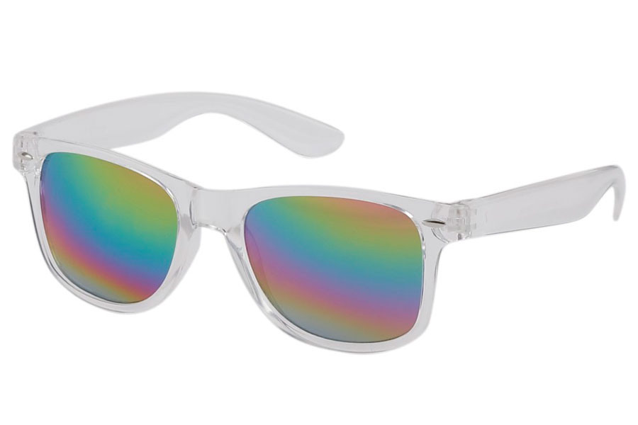 Solbrille i wayfarer design. Stellet er transparent med regnbue spejlglas | search