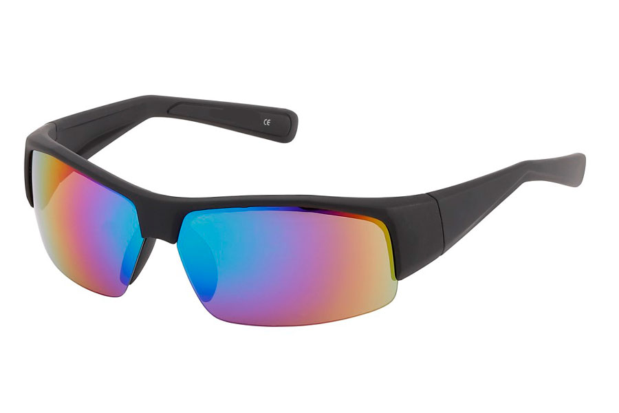 Mat maskulin solbrille i stort hurtigbrille / sports design. Stellet er mat sort med spejlglas i multifarvet / regnbuefarvet nuancer.  | sport_solbriller_sportssolbriller