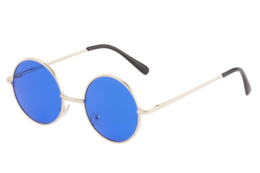 Rund lennon brille i guldfarvet metalstel med mørkeblå linser.  | runde_solbriller