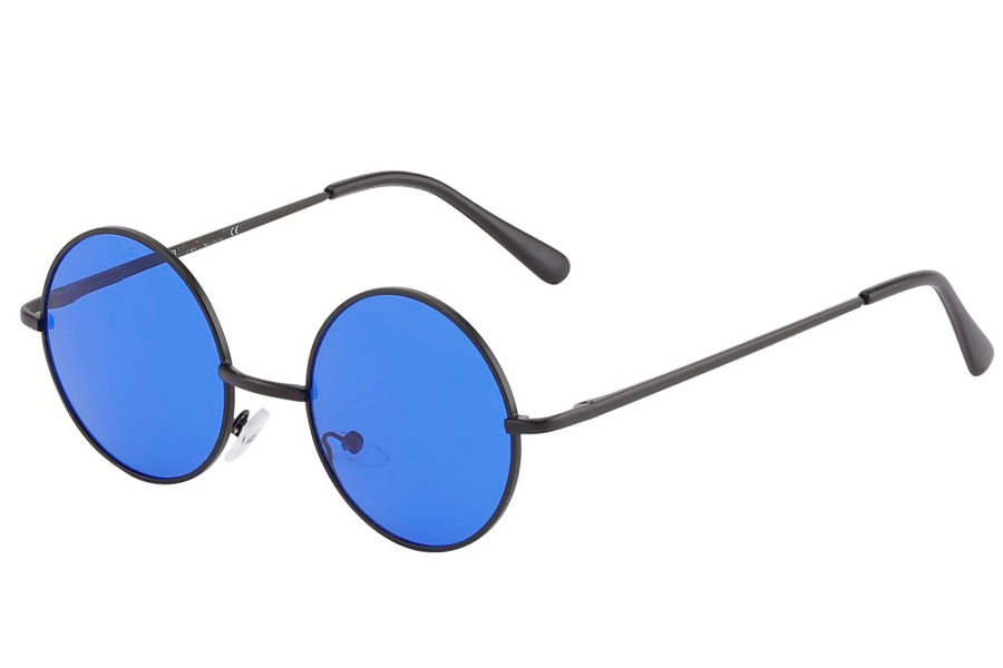 Rund lennon brille i sort metalstel med mørkeblå linser.  | solbriller-farvet-glas