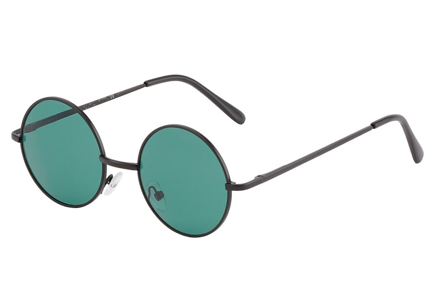 Rund lennon brille i sort metalstel med mørkegrønne linser.  | runde_solbriller