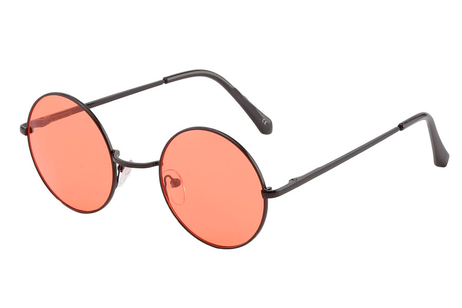 Rund lennon brille i sort metalstel med koralrøde linser.  | runde_solbriller