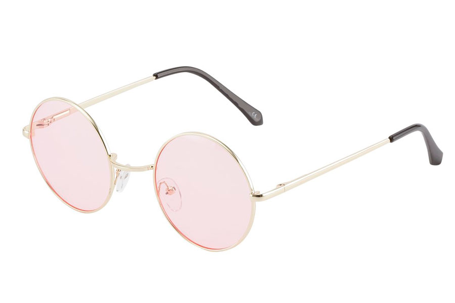 Rund lennon brille i guldfarvet metalstel med lyse lyserøde linser.  | festival-solbriller