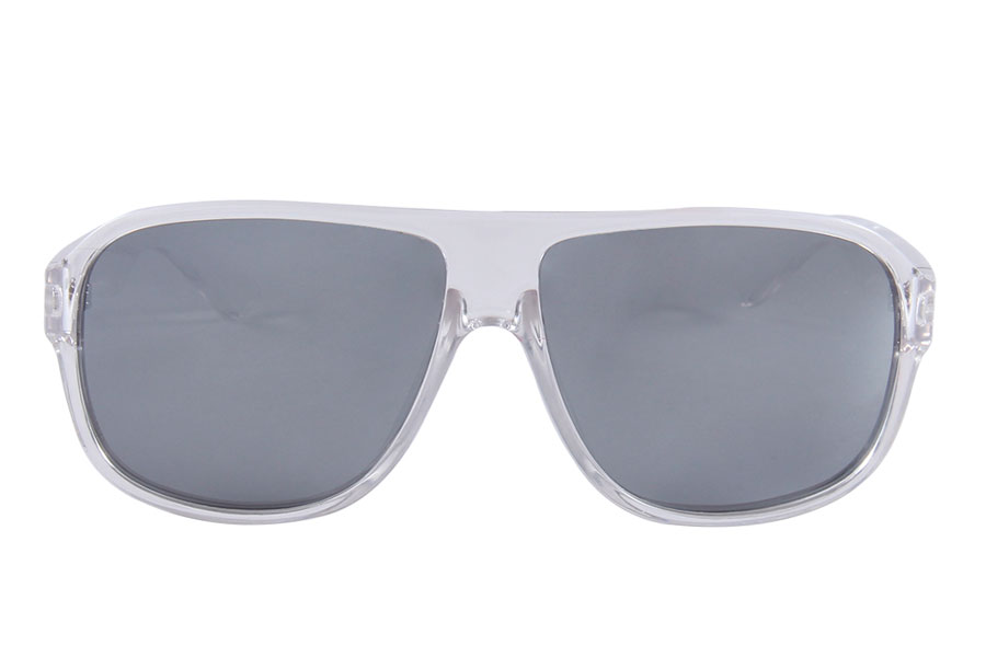 Gennemsigtig farvet solbrille med sølvfarvet spejlglas. Formen er en pilot solbrille i karftig plastik med runde hjørner. | millionaire_aviator_solbriller-2