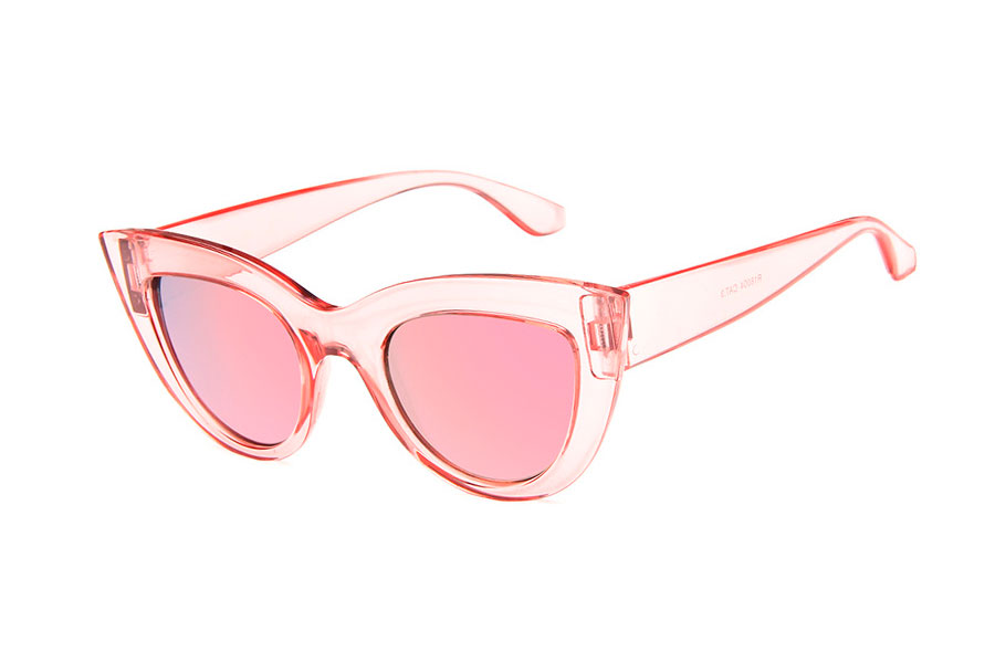 Cateye solbrille med spejlglas i fersken-lilla nuancer. Kraftigt og bredt design med spidser hjørner og runde former. | retro_vintage_solbriller