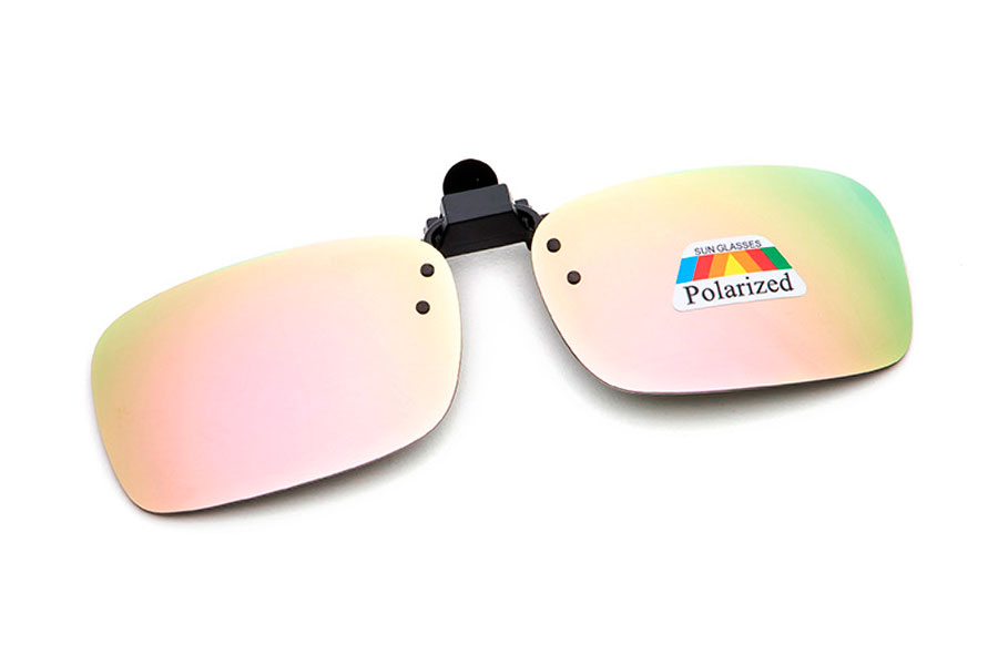 Polaroid clip-on solbrille i fersken-champagne spejlglas i aflangt design. | clip-on-solbriller