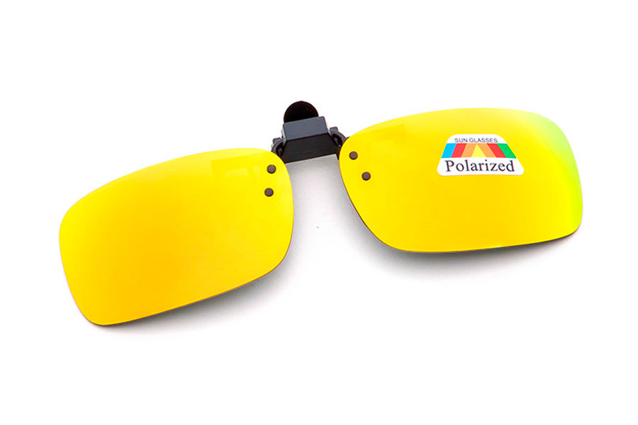 Polaroid Clip-on solbrille med polaroid spejlglas i gul-grønne nuancer. Aflangt design. | clip-on-solbriller