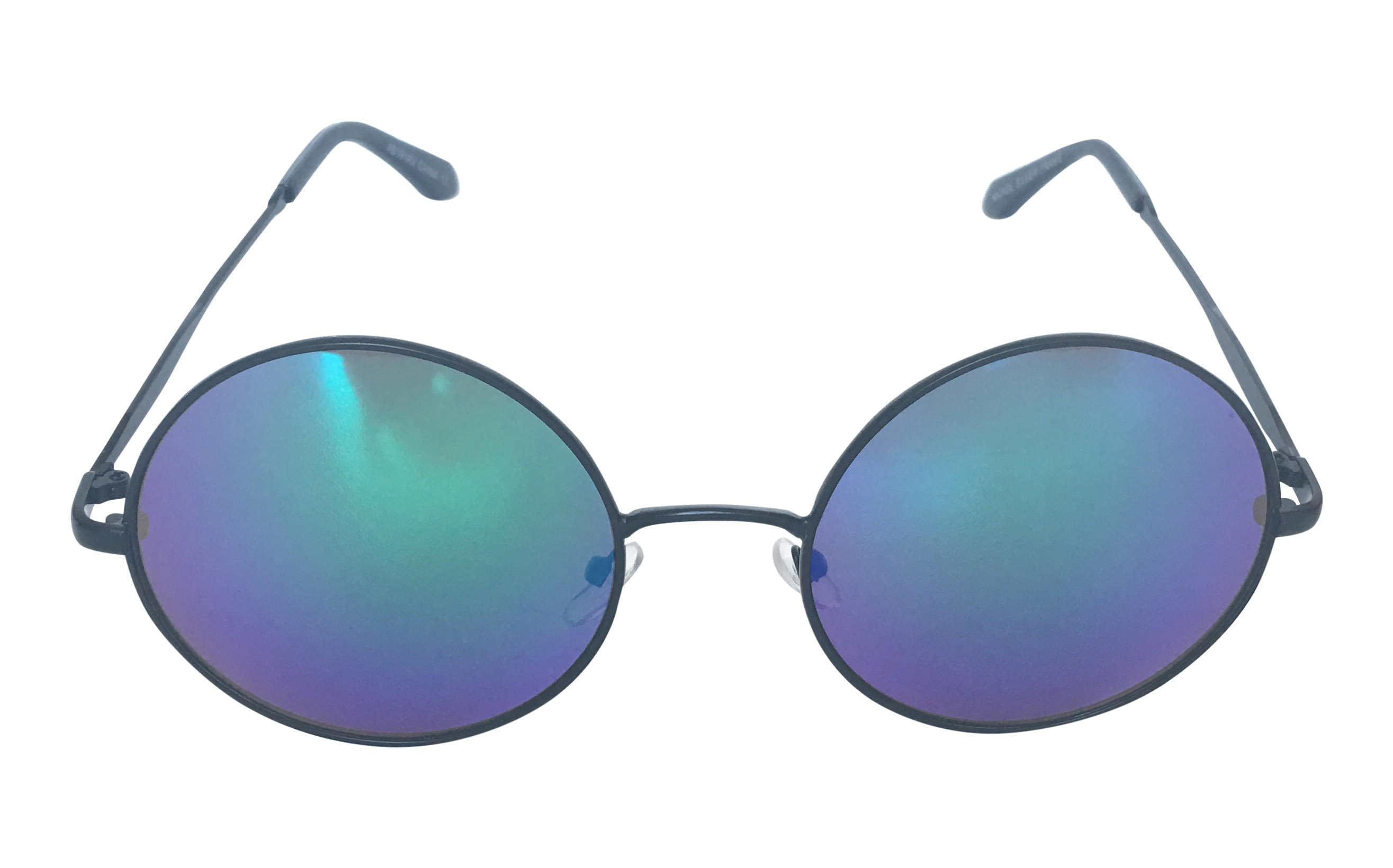 Stor rund solbrille i sort metal stel med blå-grønne spejlglas. - Design nr. 3296