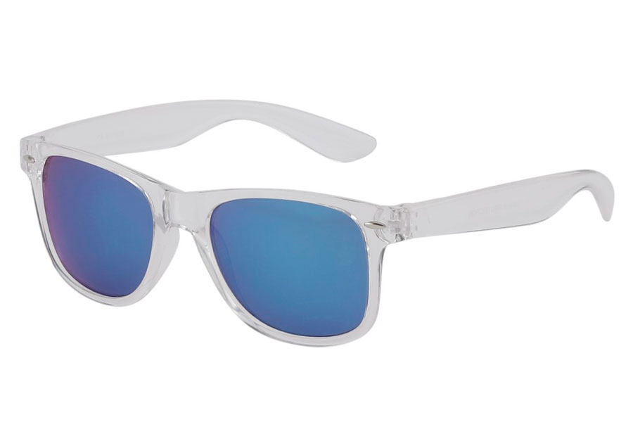 Solbrille i transparent stel med spejlglas i blå nuancer.  - Design nr. 3826