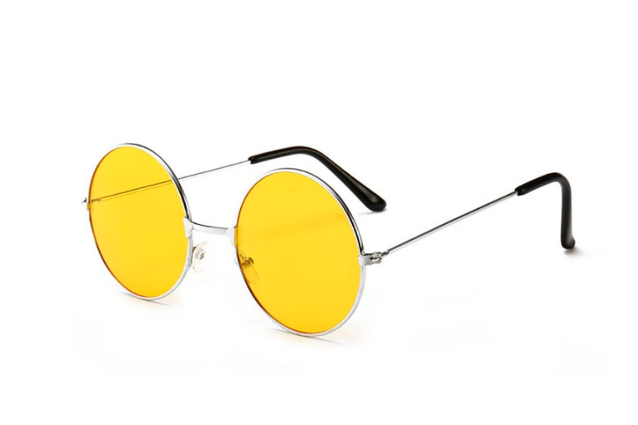 Rund sølvfarvet lennon solbrille med gule linser - Design nr. s4175