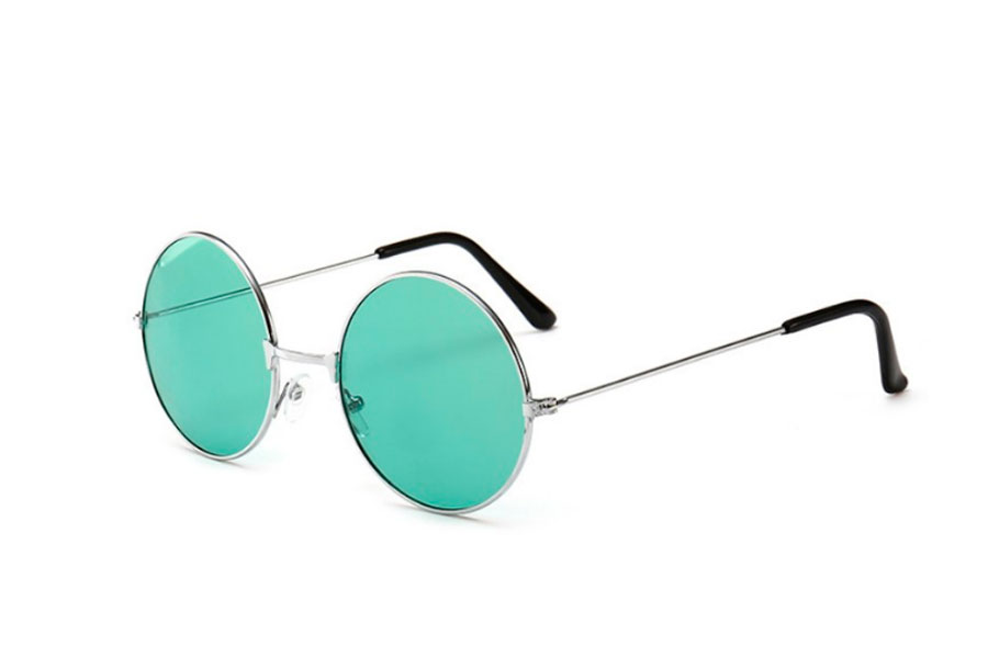 Rund solbrille i sølvarvet rundt lennon design med lysegrønne glas - Design nr. s4179