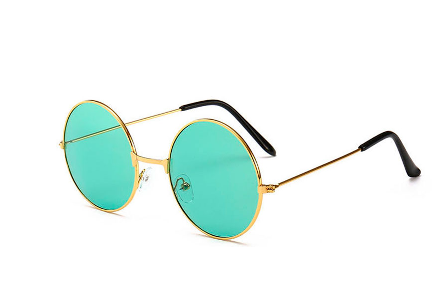Rund solbrille i guldfarvet rundt lennon design med lysegrønne glas. - Design nr. s4180
