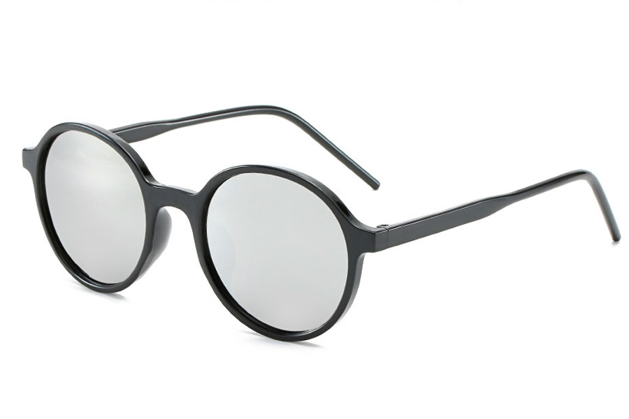 Rund solbrille i blank sort med spejlglas - Design nr. 4259